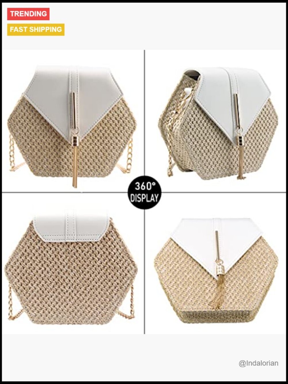 Straw and PU Leather Crossbody Bag with Magnetic Closure - Picture 5 of 7